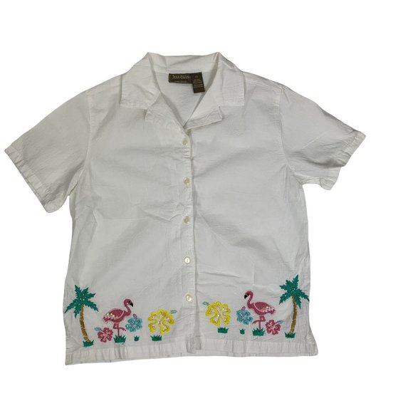 Jane Ashley Tops - Jane Ashley Medium Blouse Flamingo Beach Palm Tree Beaded Button Front